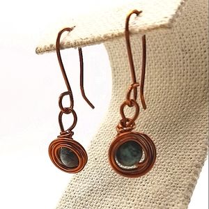 Copper Wire Wrapped African Turquoise Dangle Earrings
